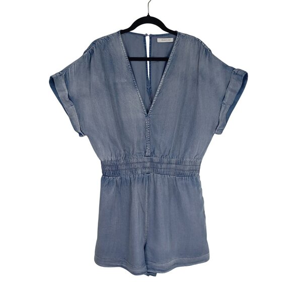 Mustard Seed Romper Short Womens Denim-Look Elastic Waist V-Neck Pockets Size M - Picture 1 of 11